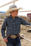 BOY'S MATCH DAD PAISLEY PRINT BUTTON-DOWN WESTERN SHIRT - NAVY