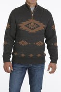 MEN'S 1/4 ZIP PULLOVER SWEATER- CHARCOAL/BROWN